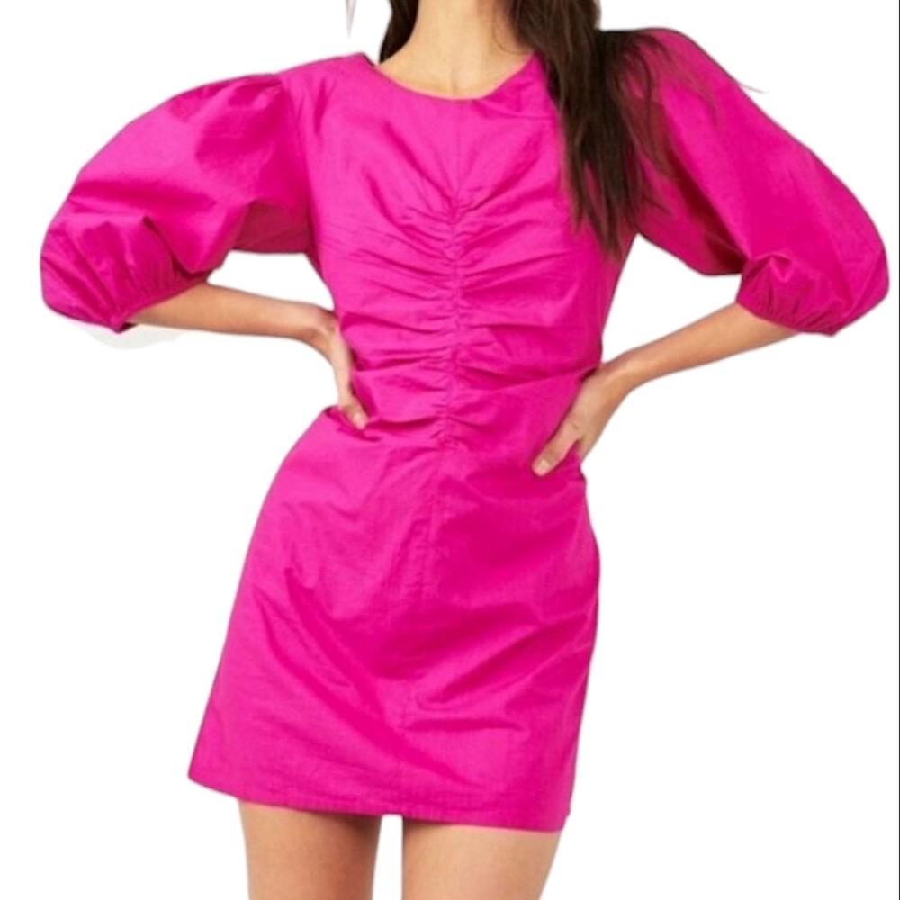 NWT Free People Hope Mini Dress Fuchsia Puff Sleeve Ruched Cotton S
